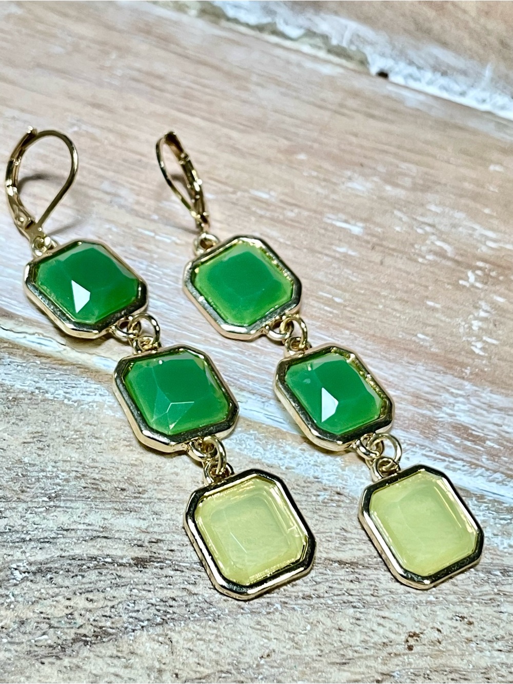 Gold-Tone Dangle Earrings with Emerald and Lime Stones